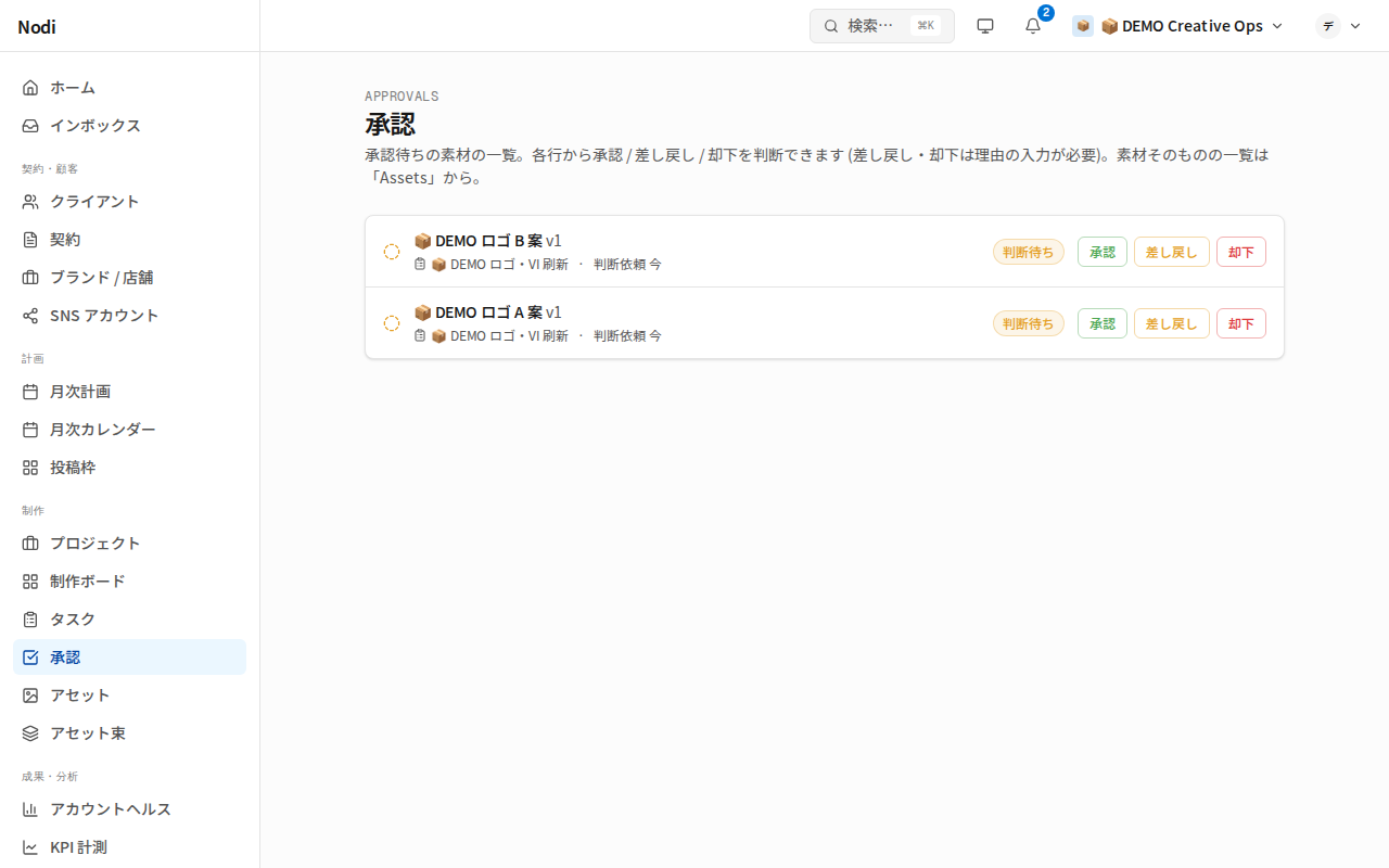 承認 Inbox。判断待ちの素材が行で並び、各行に素材名・案件名・「判断待ち」バッジと「承認」「差し戻し」「却下」ボタンがある。