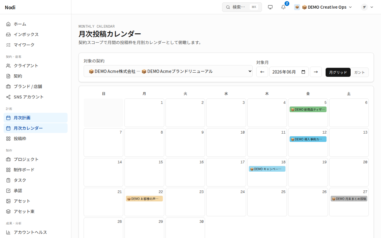 月次投稿カレンダーの月グリッド。日付セルにステータス色付きの投稿枠が配置されている。